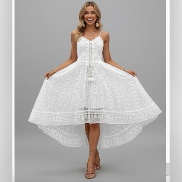 White  Boho Guipure Lace Insert Tassel Detail Cami Dress - Picture 3 of 10